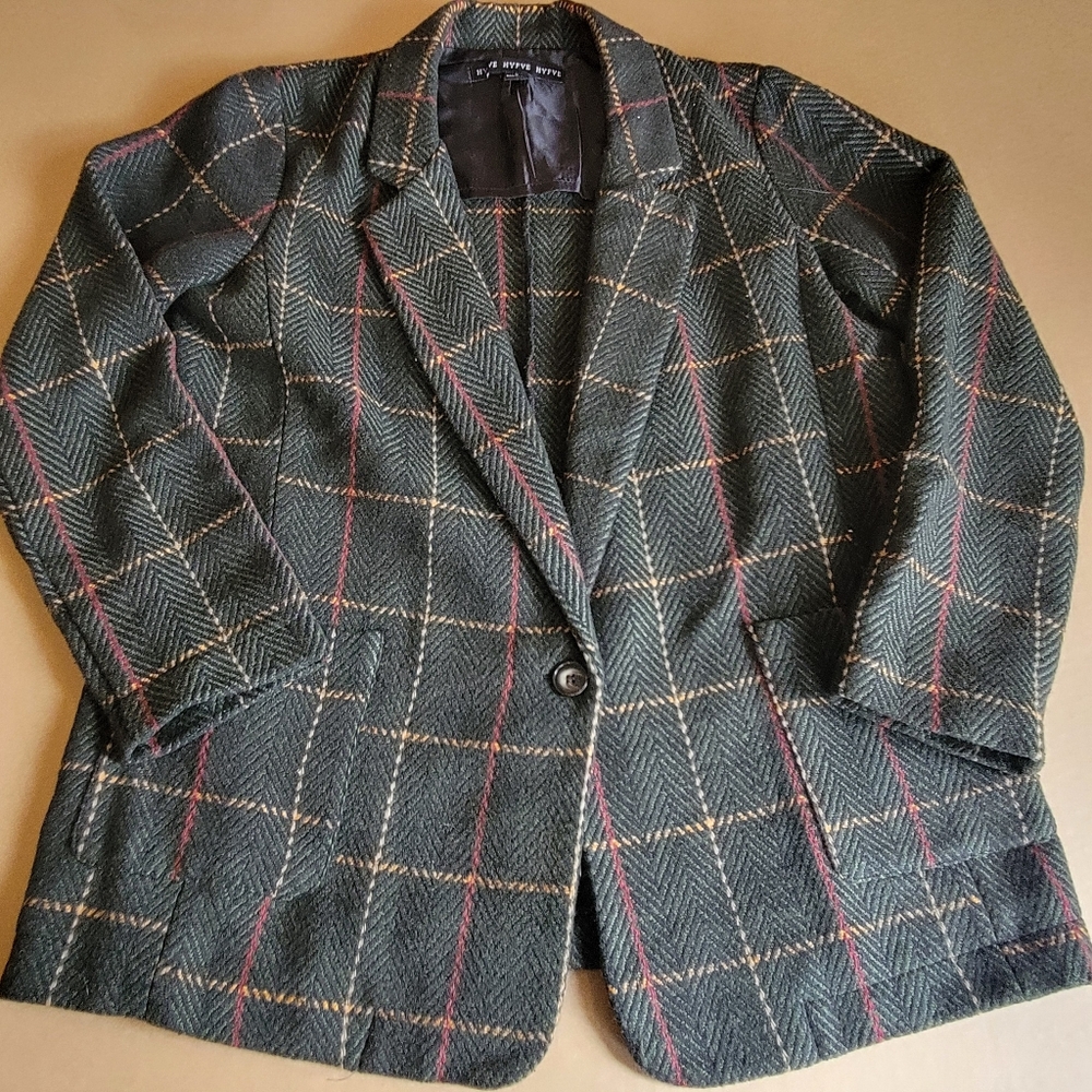 HYFVE Womens Size Large Poly Blend Blazer Green Plaid